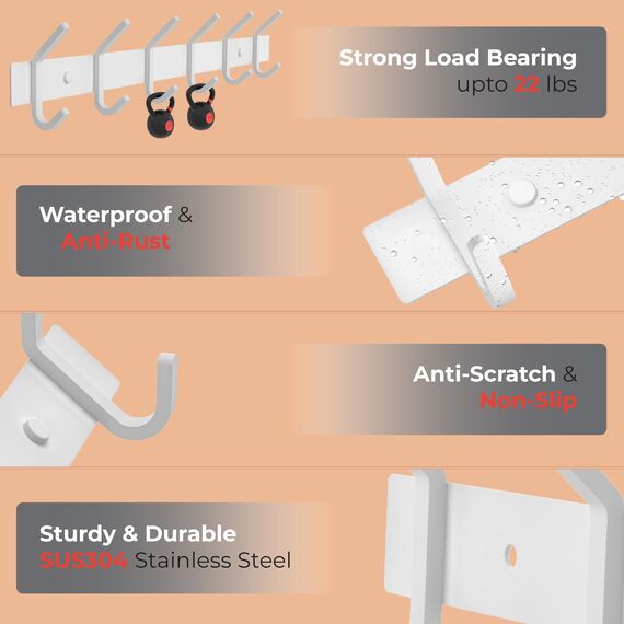 SAYONEYES Garderobenleiste zur Wandmontage, 43,2-cm-Edelstahl-Hakenleiste mit 6 strapazierfähigen Doppelhaken, für Eingangsbereich, Badezimmer, Schlafzimmer, Handtuch-, Hut-Organizer, Weiß