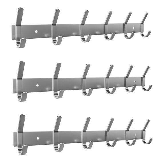 Garderobenleiste zur Wandmontage, gebürstetes Nickel, 43,2-cm-Edelstahl-Hakenleiste, 6 strapazierfähige Doppelhaken, für Eingangsbereich, Badezimmer, Schlafzimmer, Handtuch-, Hut-Organizer, 3er-Pack