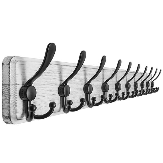 Dseap Garderobe, Garderobenleiste, 97cm Lang Robust Hakenleiste Holz mit 10 Dreifachhaken, Garderobenhaken Wand, Kleiderhaken für Mantel Kleidung Hut Jacken Schals,Weiß