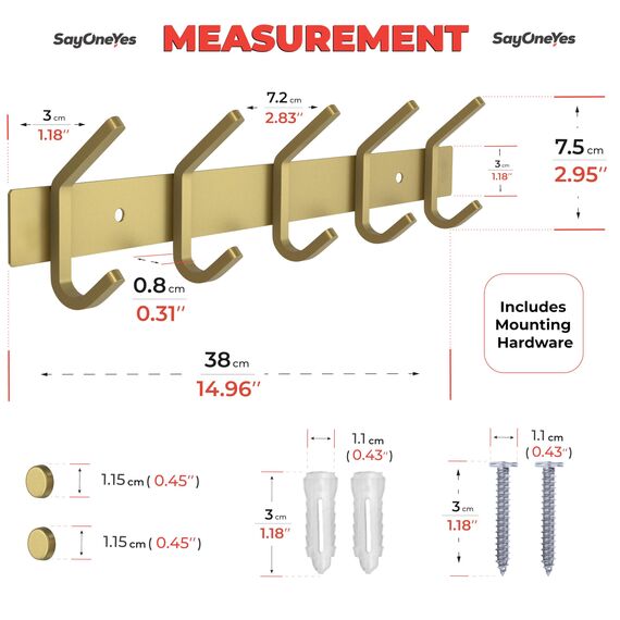 SAYONEYES Wandgarderobe Gebürstet Gold - 15 Zoll Edelstahl Stange mit 5 Doppelgarderobenhaken für Eingangsbereich, Badezimmer, Schlafzimmer, Küche - Moderne Gold Hakenleiste für Mäntel, Hüte
