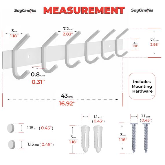 SAYONEYES Garderobenleiste zur Wandmontage, 43,2-cm-Edelstahl-Hakenleiste mit 6 strapazierfähigen Doppelhaken, für Eingangsbereich, Badezimmer, Schlafzimmer, Handtuch-, Hut-Organizer, Weiß, 2er-Pack