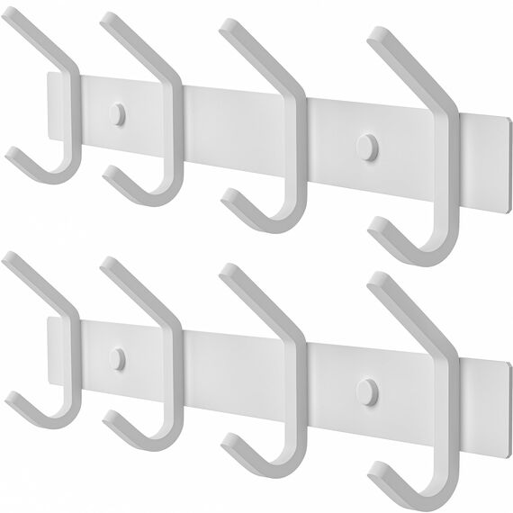 SAYONEYES Garderobenleiste zur Wandmontage, 30,5-cm-Edelstahl-Hakenleiste mit 4 strapazierfähigen Doppelhaken, für Eingangsbereich, Badezimmer, Schlafzimmer, Handtuch-, Hut-Organizer, Weiß, 2er-Pack