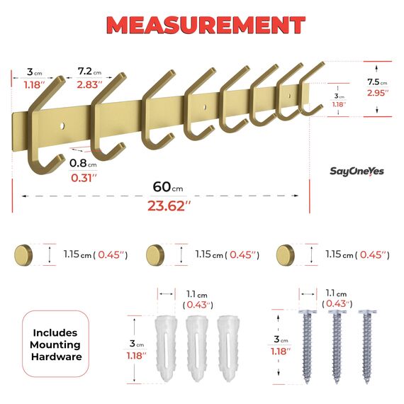 SAYONEYES Wandgarderobe Gebürstet Gold - 61.0 cm Edelstahl Stange mit 8 Doppelgarderobenhaken für Eingangsbereich, Badezimmer, Schlafzimmer, Küche - Moderne Gold Hakenleiste für Mäntel, Hüte
