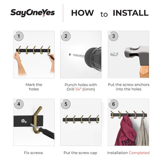 SAYONEYES Wandgarderobe - Schwarz und Gold Hakenleiste mit 5 Doppelgarderobenhaken, 38,1 cm Edelstahl-Wandhaken für Eingangsbereich, Badezimmer, Schlafzimmer, Schrank, Handtuch, Hut, Tasche, robuster