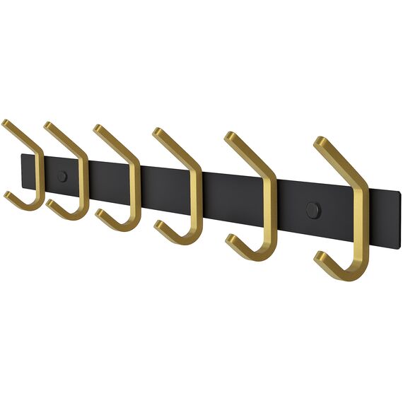 SAYONEYES Wandgarderobe - Schwarz und Gold Hakenleiste mit 6 Doppelgarderobenhaken, 43,2 cm Edelstahl-Wandhaken für Eingangsbereich, Badezimmer, Schlafzimmer, Schrank, Handtuch, Hut, Tasche, robuster