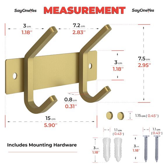 Kleine Garderobenleiste Wandhalterung, gebürstetes Gold, 15,2 cm, Edelstahlschiene mit 2 Doppelgarderobenhaken für Eingang, Badezimmer, Schlafzimmer, Küche, Moderne goldene Hakenleiste für Mäntel