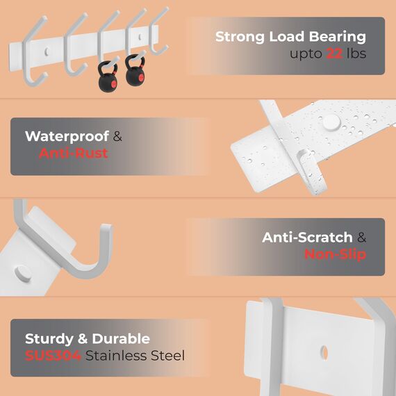 SAYONEYES Garderobenleiste zur Wandmontage, 38,1-cm-Edelstahl-Hakenleiste mit 5 strapazierfähigen Doppelhaken, für Eingangsbereich, Badezimmer, Schlafzimmer, Handtuch-, Hut-Organizer, Weiß, 2er-Pack