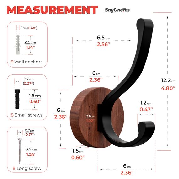 SAYONEYES Rustikale Holz-Kleiderhaken zur Wandmontage, robuste Wandhaken aus massivem Walnussholz, mit Schrauben, Doppelhaken zum Aufhängen von Mänteln, Handtüchern, Hüten, Taschen, Schlüsseln,