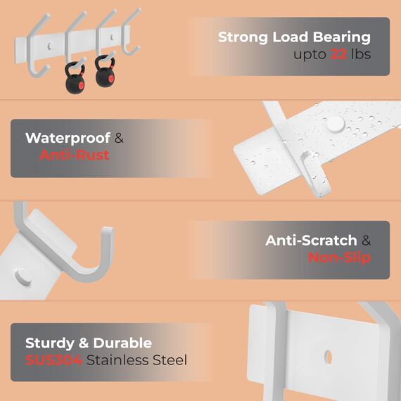 SAYONEYES Garderobenleiste zur Wandmontage, 30,5-cm-Edelstahl-Hakenleiste mit 4 strapazierfähigen Doppelhaken, für Eingangsbereich, Badezimmer, Schlafzimmer, Handtuch-, Hut-Organizer, Weiß