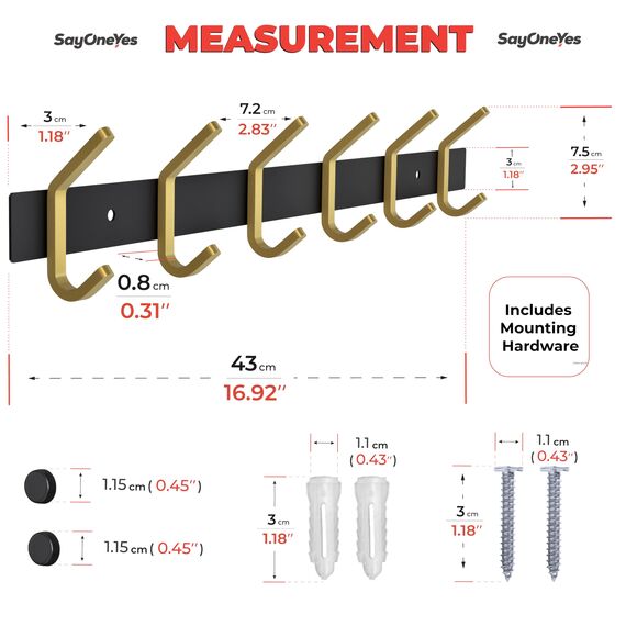 Garderobenleiste Wandhalterung, Schwarz und Gold, Hakenleiste mit 6 Doppelgarderobenhaken, 43,2 cm, Edelstahl-Wandhaken für Eingangsbereich, Badezimmer, Schlafzimmer, Schrank, Handtuch, Hut, Tasche
