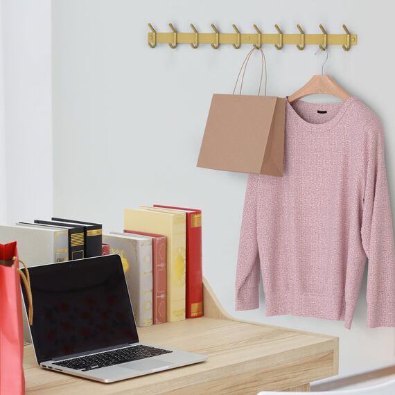 SAYONEYES Wandgarderobe Gebürstet Gold - 76.2 cm Edelstahl Stange mit 10 Doppelgarderobenhaken für Eingangsbereich, Badezimmer, Schlafzimmer, Küche - Moderne Gold Hakenleiste für Mäntel, Hüte