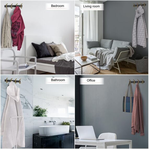 SAYONEYES Wandgarderobe - Schwarz und Gold Hakenleiste mit 4 Doppelgarderobenhaken, 30,5 cm Edelstahl-Wandhaken für Eingangsbereich, Badezimmer, Schlafzimmer, Schrank, Handtuch, Hut, Tasche, robuster