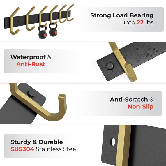 SAYONEYES Wandgarderobe - Schwarz und Gold Hakenleiste mit 6 Doppelgarderobenhaken, 43,2 cm Edelstahl-Wandhaken für Eingangsbereich, Badezimmer, Schlafzimmer, Schrank, Handtuch, Hut, Tasche, robuster