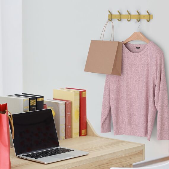 SAYONEYES Wandgarderobe Gebürstet Gold - 15 Zoll Edelstahl Stange mit 5 Doppelgarderobenhaken für Eingangsbereich, Badezimmer, Schlafzimmer, Küche - Moderne Gold Hakenleiste für Mäntel, Hüte