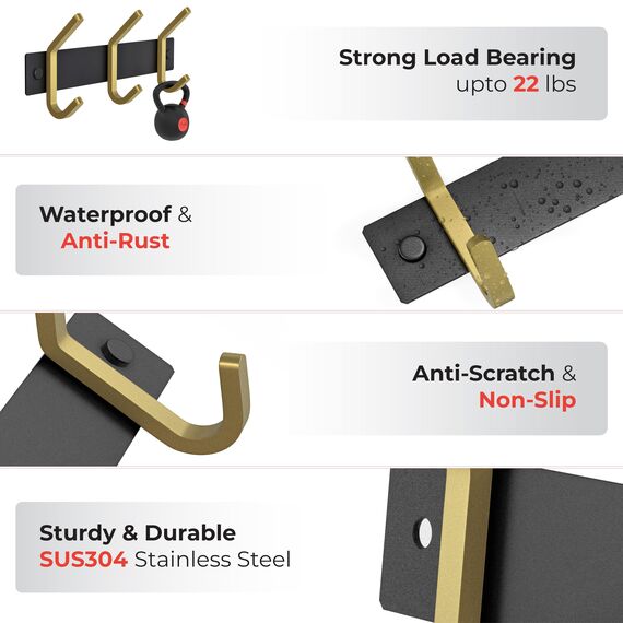 Kleine Garderobenleiste Wandhalterung - Schwarz und Gold Hakenleiste mit 3 Doppelgarderobenhaken, 22,9 cm Edelstahl-Wandhaken für Eingangsbereich, Badezimmer, Schlafzimmer, Schrank, Handtuch, Hut