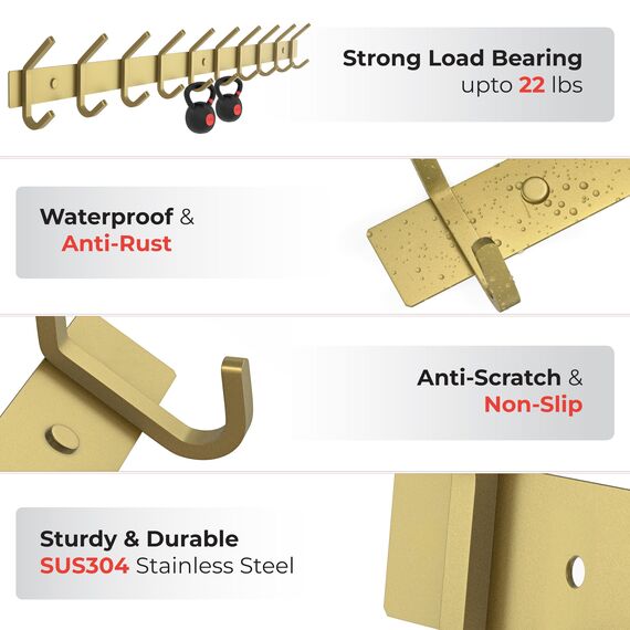 SAYONEYES Wandgarderobe Gebürstet Gold - 76.2 cm Edelstahl Stange mit 10 Doppelgarderobenhaken für Eingangsbereich, Badezimmer, Schlafzimmer, Küche - Moderne Gold Hakenleiste für Mäntel, Hüte