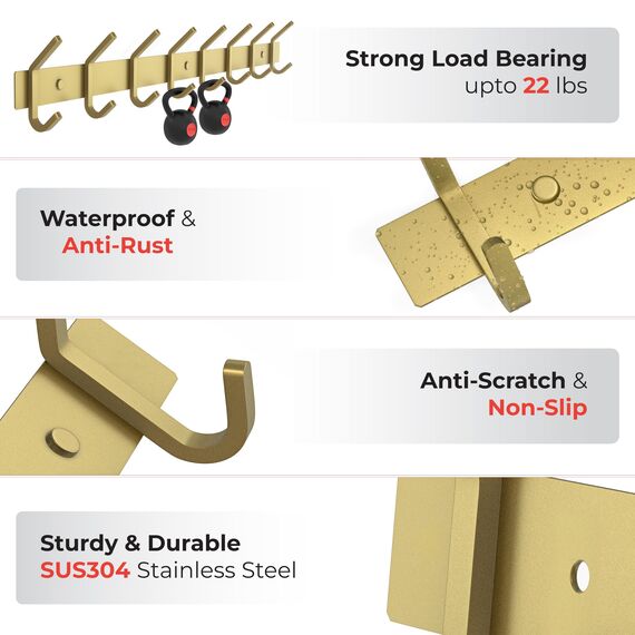 SAYONEYES Wandgarderobe Gebürstet Gold - 61.0 cm Edelstahl Stange mit 8 Doppelgarderobenhaken für Eingangsbereich, Badezimmer, Schlafzimmer, Küche - Moderne Gold Hakenleiste für Mäntel, Hüte