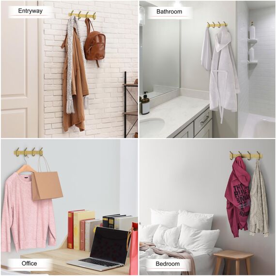SAYONEYES Wandgarderobe Gebürstet Gold - 30,5 cm Edelstahlstange mit 4 Doppelgarderobenhaken für Eingangsbereich, Badezimmer, Schlafzimmer, Küche - Moderne goldene Hakenleiste für Mäntel, Hüte