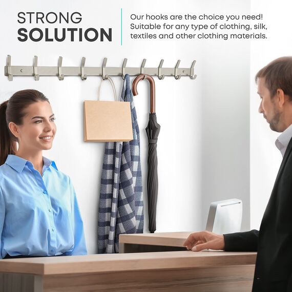 Garderobenleiste Wandhalterung – gebürstetes Nickel 76,2 cm Edelstahl-Hakenleiste mit 10 robusten Doppel-Kleiderhaken – Wandmontierter Kleiderbügel für Eingangsbereich, Badezimmer, Schlafzimmer