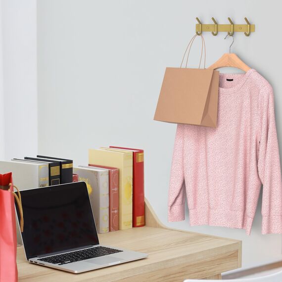 SAYONEYES Wandgarderobe Gebürstet Gold - 30,5 cm Edelstahlstange mit 4 Doppelgarderobenhaken für Eingangsbereich, Badezimmer, Schlafzimmer, Küche - Moderne goldene Hakenleiste für Mäntel, Hüte