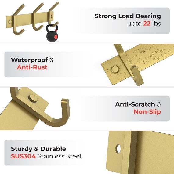 SAYONEYES Gebürstete Gold Kleine Garderobenleiste Wandhalterung - 9 Zoll Edelstahlstange mit 3 Doppelgarderobenhaken für Eingangsbereich, Badezimmer, Schlafzimmer, Küche - Moderne Gold Hakenleiste für