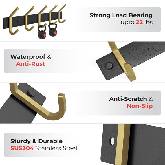 SAYONEYES Wandgarderobe - Schwarz und Gold Hakenleiste mit 5 Doppelgarderobenhaken, 38,1 cm Edelstahl-Wandhaken für Eingangsbereich, Badezimmer, Schlafzimmer, Schrank, Handtuch, Hut, Tasche, robuster