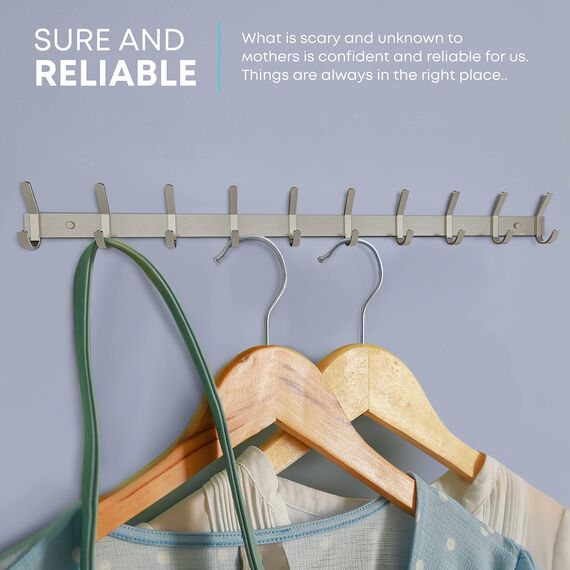 SAYONEYES Garderobenleiste zur Wandmontage, gebürstetes Nickel, 76,2-cm-Edelstahl-Hakenleiste, 10 strapazierfähige Doppelhaken, für Eingangsbereich, Badezimmer, Schlafzimmer, Handtuch-, Hut-Organizer