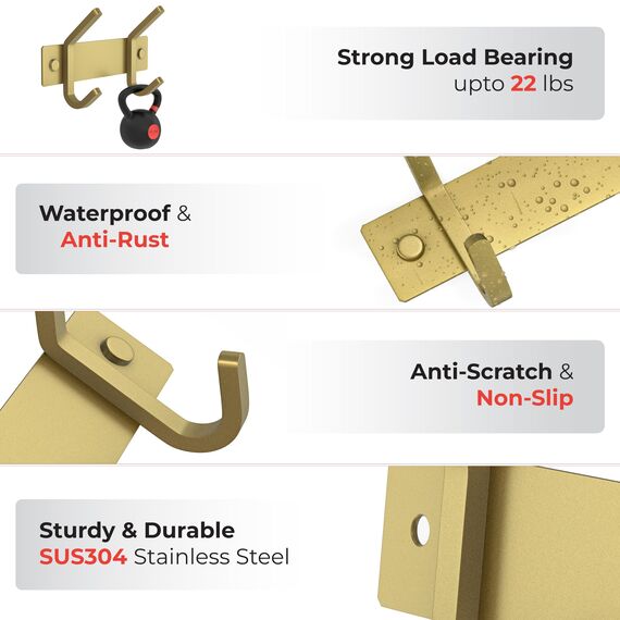SAYONEYES Gebürstete Gold Kleine Garderobenleiste Wandhalterung - 6 Zoll Edelstahlschiene mit 2 Doppelgarderobenhaken für Eingangsbereich, Badezimmer, Schlafzimmer, Küche - Moderne Gold Hakenleiste