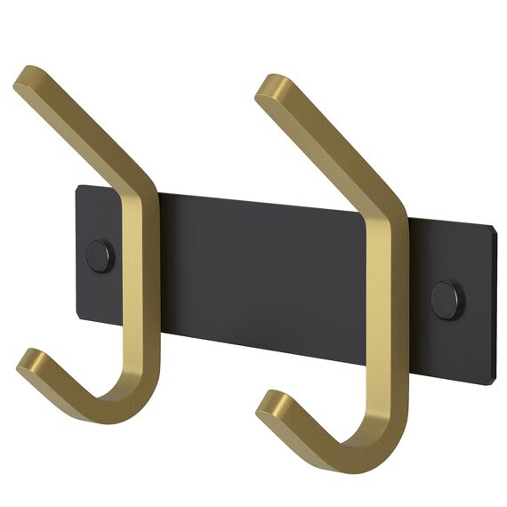 Kleine Garderobenleiste Wandhalterung – Schwarz und Gold Hakenleiste mit 2 Doppel-Kleiderhaken, 15,2 cm Edelstahl-Wandhaken für Eingangsbereich, Badezimmer, Schlafzimmer, Schrank, Handtuch, Hut