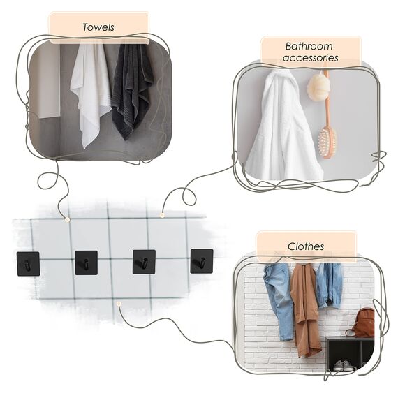 SAYONEYES Selbstklebende Handtuchhaken für Badezimmer, Wandtür, mattschwarz, SUS304 Edelstahl, starke Streifen, zum Aufkleben auf 3M-Wandhaken zum Aufhängen von Mantel, Hut, Tasche, Schlüssel, Jacke