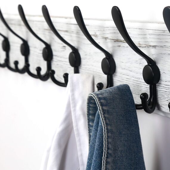 Dseap Garderobe, Garderobenleiste, 97cm Lang Robust Hakenleiste Holz mit 10 Dreifachhaken, Garderobenhaken Wand, Kleiderhaken für Mantel Kleidung Hut Jacken Schals,Weiß