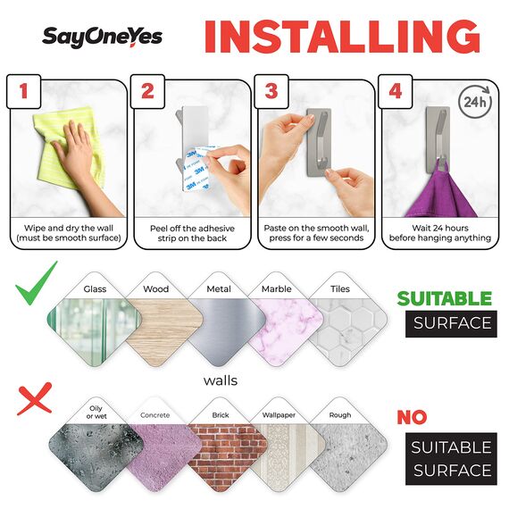 SAYONEYES Handtuchhaken aus gebürstetem Nickel, selbstklebend, für Badezimmer, Wandtür, SUS304 Edelstahl, starke Streifen, zum Aufkleben auf 3M-Wandhaken zum Aufhängen von Mantel, Hut, Tasche,