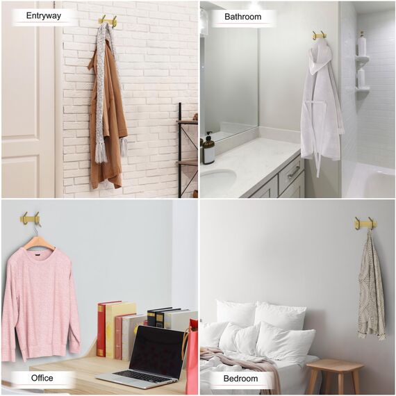 Kleine Garderobenleiste Wandhalterung, gebürstetes Gold, 15,2 cm, Edelstahlschiene mit 2 Doppelgarderobenhaken für Eingang, Badezimmer, Schlafzimmer, Küche, Moderne goldene Hakenleiste für Mäntel