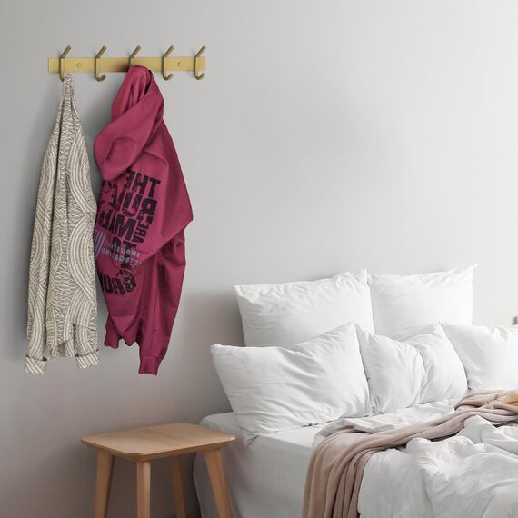 SAYONEYES Wandgarderobe Gebürstet Gold - 15 Zoll Edelstahl Stange mit 5 Doppelgarderobenhaken für Eingangsbereich, Badezimmer, Schlafzimmer, Küche - Moderne Gold Hakenleiste für Mäntel, Hüte