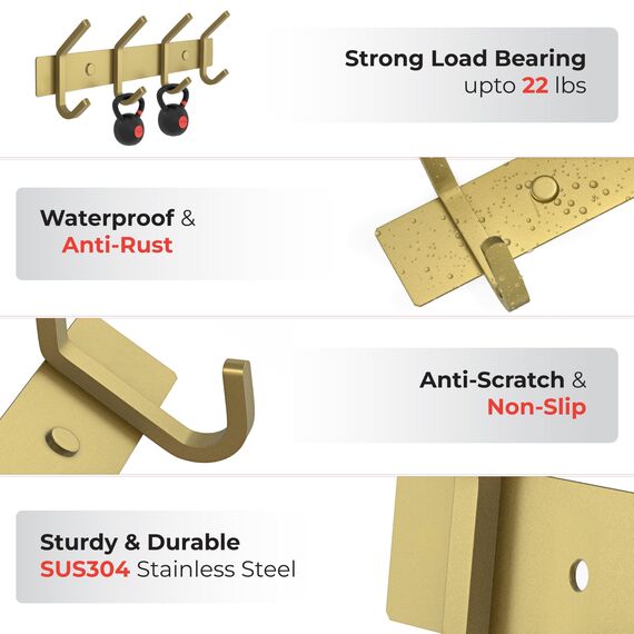 SAYONEYES Wandgarderobe Gebürstet Gold - 30,5 cm Edelstahlstange mit 4 Doppelgarderobenhaken für Eingangsbereich, Badezimmer, Schlafzimmer, Küche - Moderne goldene Hakenleiste für Mäntel, Hüte