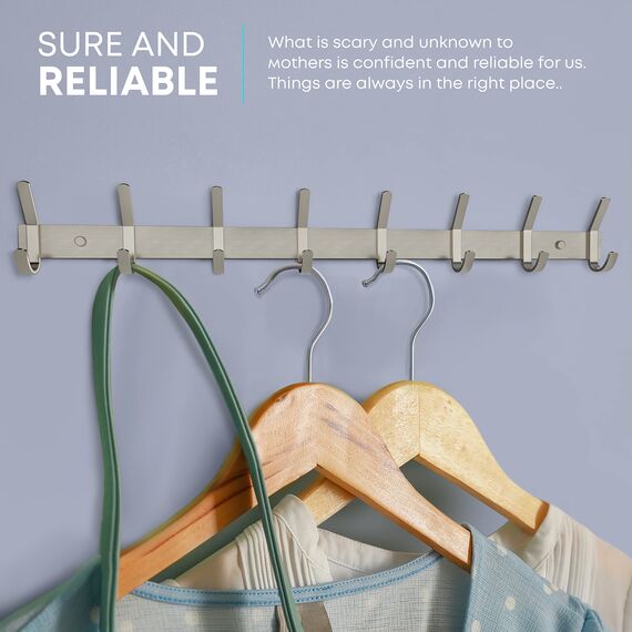 Garderobenleiste zur Wandmontage, gebürstetes Nickel, 61,0-cm-Edelstahl-Hakenleiste, 8 strapazierfähige Doppelhaken, für Eingangsbereich, Badezimmer, Schlafzimmer, Handtuch-, Hut-Organizer, 2er-Pack