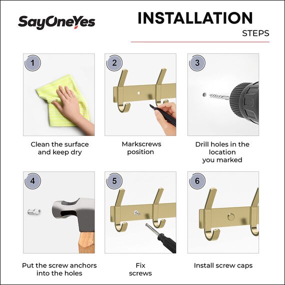 SAYONEYES Wandgarderobe aus gebürstetem Gold mit 6 Doppelhaken zum Aufhängen - 43,2 cm Heavy Duty SUS304 Edelstahl Rustikale Garderobenhaken - Hut, Kleidung, Geldbörse, Handtuch Wandhaken - 1 Packung
