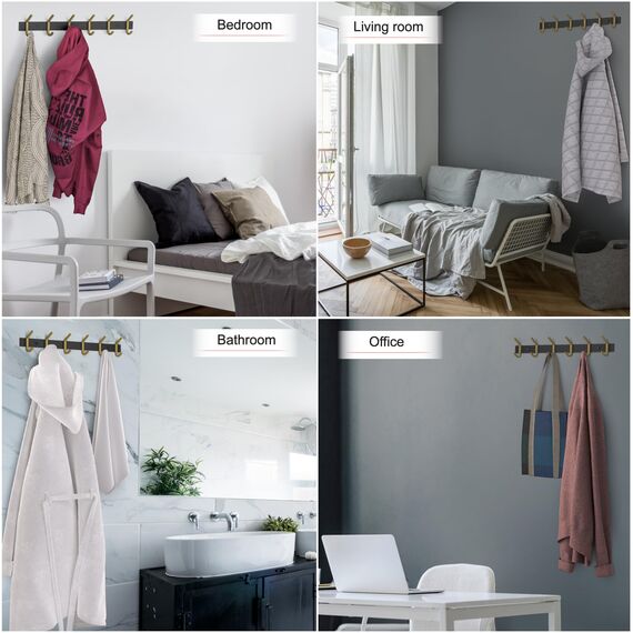 Garderobenleiste Wandhalterung, Schwarz und Gold, Hakenleiste mit 6 Doppelgarderobenhaken, 43,2 cm, Edelstahl-Wandhaken für Eingangsbereich, Badezimmer, Schlafzimmer, Schrank, Handtuch, Hut, Tasche