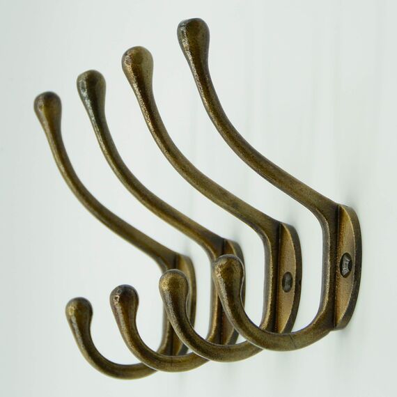 CRAFTSMAN ROAD Vintage-Wandhaken aus Gusseisen, rustikale Landhausstil-Kleiderhaken, für| Mäntel, Taschen, Handtücher, Hüte, klassisch, schlank, Antik-Messing-Finish, Set mit 4 Stück