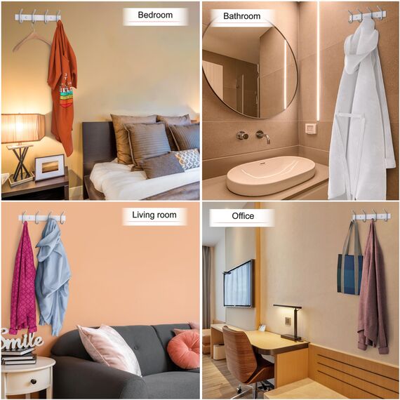 SAYONEYES Garderobenleiste zur Wandmontage, 30,5-cm-Edelstahl-Hakenleiste mit 4 strapazierfähigen Doppelhaken, für Eingangsbereich, Badezimmer, Schlafzimmer, Handtuch-, Hut-Organizer, Weiß