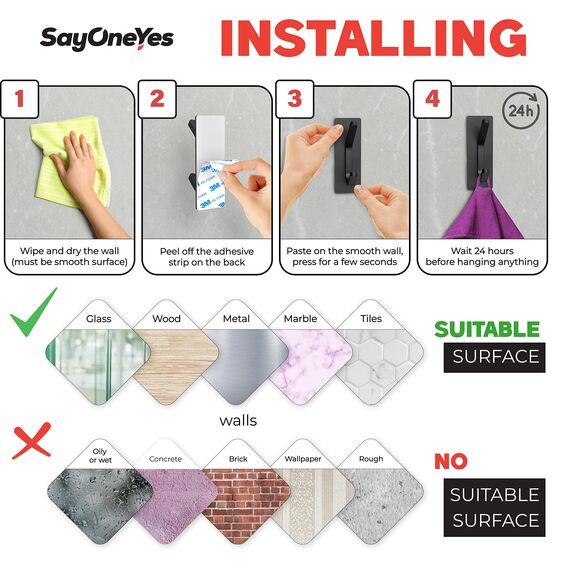 SAYONEYES Selbstklebende Handtuchhaken für Badezimmer, Wandtür, mattschwarz, SUS304 Edelstahl, starke Streifen, zum Aufkleben auf 3M-Wandhaken zum Aufhängen von Mantel, Hut, Tasche, Schlüssel, Jacke,