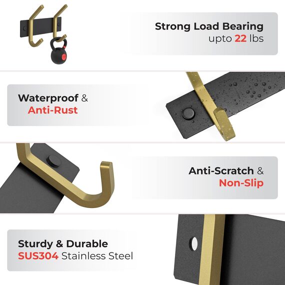 Kleine Garderobenleiste Wandhalterung – Schwarz und Gold Hakenleiste mit 2 Doppel-Kleiderhaken, 15,2 cm Edelstahl-Wandhaken für Eingangsbereich, Badezimmer, Schlafzimmer, Schrank, Handtuch, Hut