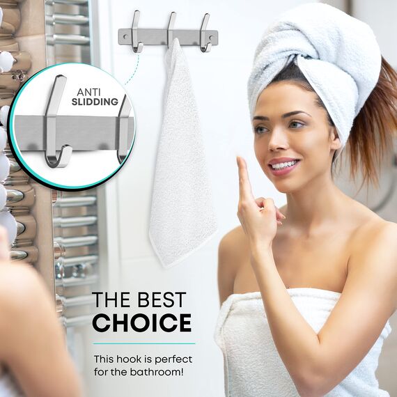 SAYONEYES Garderobenleiste Wandmontage mit 3 Kleiderhaken zum Aufhängen - 22,9 cm Heavy Duty SUS304 Edelstahl Gebürstete Oberfläche Wasserdicht - Wandhaken Rack für Badezimmer Küche Eingang (Silber)