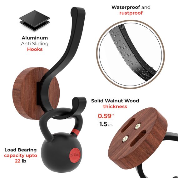 SAYONEYES Rustikale Holz-Kleiderhaken zur Wandmontage, robuste Wandhaken aus massivem Walnussholz, mit Schrauben, Doppelhaken zum Aufhängen von Mänteln, Handtüchern, Hüten, Taschen, Schlüsseln,