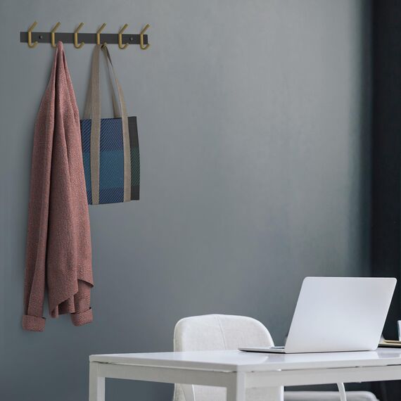 SAYONEYES Wandgarderobe - Schwarz und Gold Hakenleiste mit 6 Doppelgarderobenhaken, 43,2 cm Edelstahl-Wandhaken für Eingangsbereich, Badezimmer, Schlafzimmer, Schrank, Handtuch, Hut, Tasche, robuster