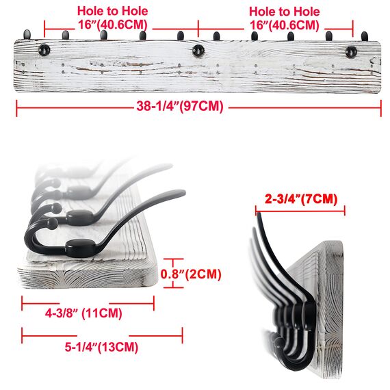 Dseap Garderobe, Garderobenleiste, 97cm Lang Robust Hakenleiste Holz mit 10 Dreifachhaken, Garderobenhaken Wand, Kleiderhaken für Mantel Kleidung Hut Jacken Schals,Weiß