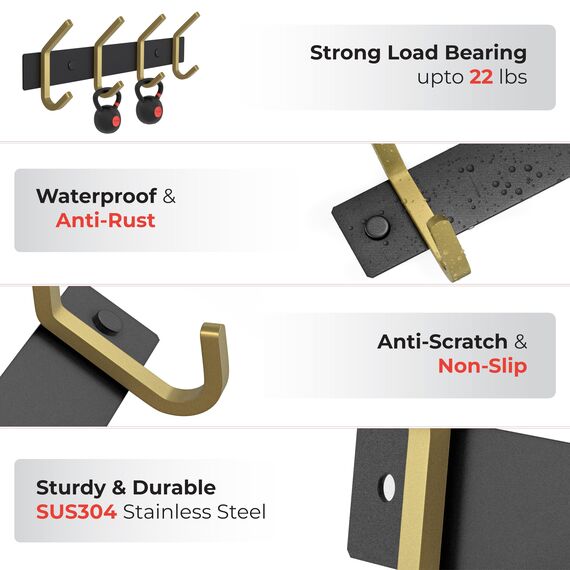 SAYONEYES Wandgarderobe - Schwarz und Gold Hakenleiste mit 4 Doppelgarderobenhaken, 30,5 cm Edelstahl-Wandhaken für Eingangsbereich, Badezimmer, Schlafzimmer, Schrank, Handtuch, Hut, Tasche, robuster