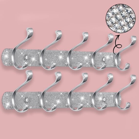 BlackFish Garderobenleiste Wandhalterung, glänzende silberne Strasssteine, Kleiderhaken, Wandmontage, 5 Haken, Schlüsselhaken für Wand, Geldbörse, Hutablage für Wand, Bademäntel, 2 Stück