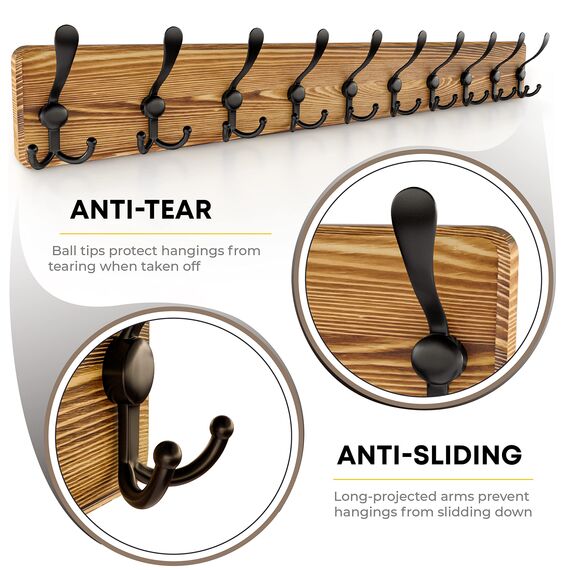 SAYONEYES Holzgarderobe Wandhalterung mit 10 Tri Kleiderhaken zum Aufhängen - 99 cm schweres Premium Massivholz Kiefer Holz - Wandhaken Rack für Badezimmer, Schlafzimmer, Eingangsbereich (Braun - 2