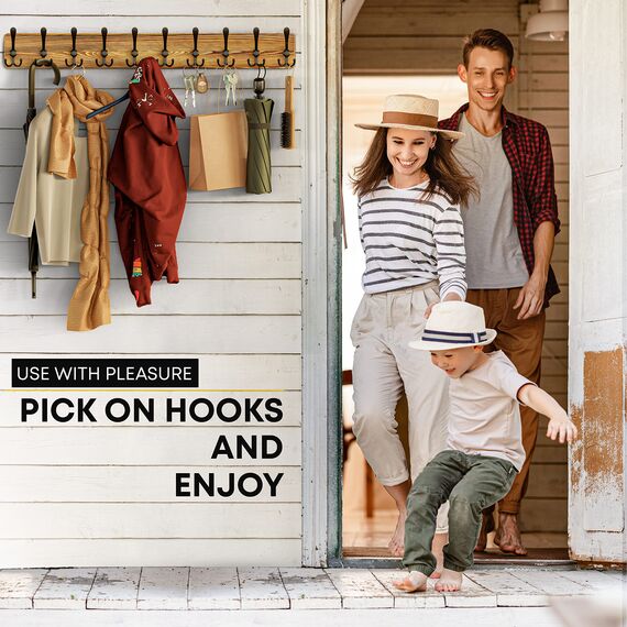 SAYONEYES Holzgarderobe Wandhalterung mit 10 Tri Kleiderhaken zum Aufhängen - 99 cm schweres Premium Massivholz Kiefer Holz - Wandhaken Rack für Badezimmer, Schlafzimmer, Eingangsbereich (Braun - 2